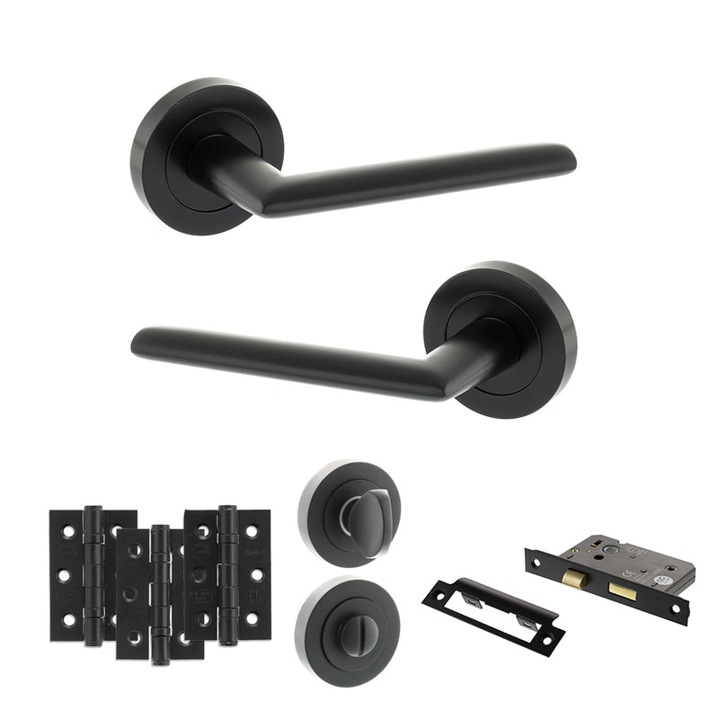 STATUS Alabama Door Handle Pack (Bathroom Set - 3" CE Bathroom Lock, 3" Premium Hinges x3) - Matt Black