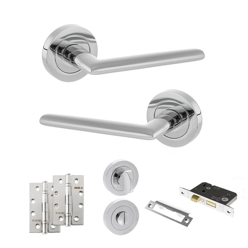 STATUS Alabama Door Handle Pack (Bathroom Set - 2.5" CE Bathroom Lock, 4" Slim Knuckle Hinges x2) - Polished Chrome