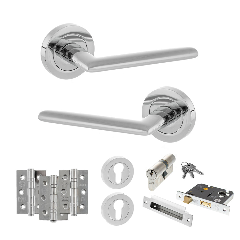 STATUS Alabama Door Handle Pack (Euro Lock Set - 3" CE Sashlock, 3" Premium Hinges x3) - Polished Chrome
