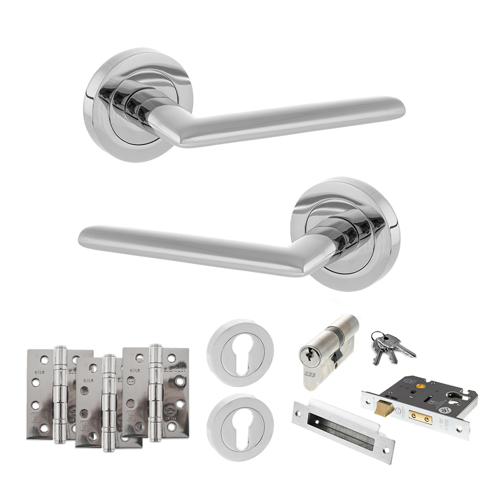 STATUS Alabama Door Handle Pack (Euro Lock Set - 3" CE Sashlock, 4" Fire Rated Hinges x3) - Polished Chrome