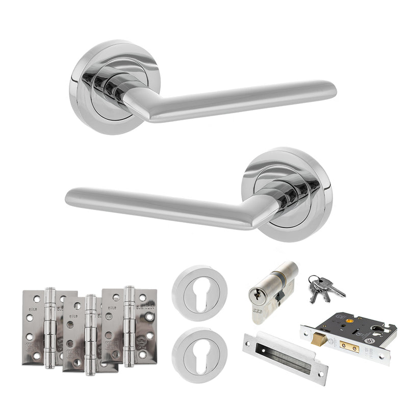 STATUS Alabama Door Handle Pack (Euro Lock Set - 3" CE Sashlock, 4" Fire Rated Hinges x3) - Polished Chrome