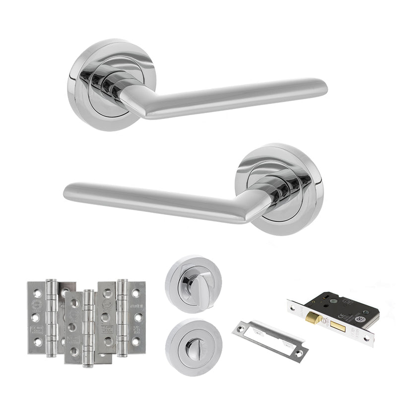 STATUS Alabama Door Handle Pack (Bathroom Set - 2.5" CE Bathroom Lock, 3" Fire Rated Hinges x3) - Polished Chrome