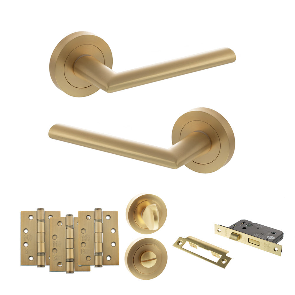 STATUS Alabama Door Handle Pack (Bathroom Set - 2.5" CE Bathroom Lock, 4" Fire Rated Hinges x3) - Satin Brass