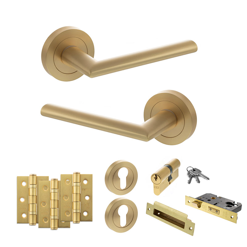 STATUS Alabama Door Handle Pack (Euro Lock Set - 2.5" CE Sashlock, 3" Fire Rated Hinges x3) - Satin Brass