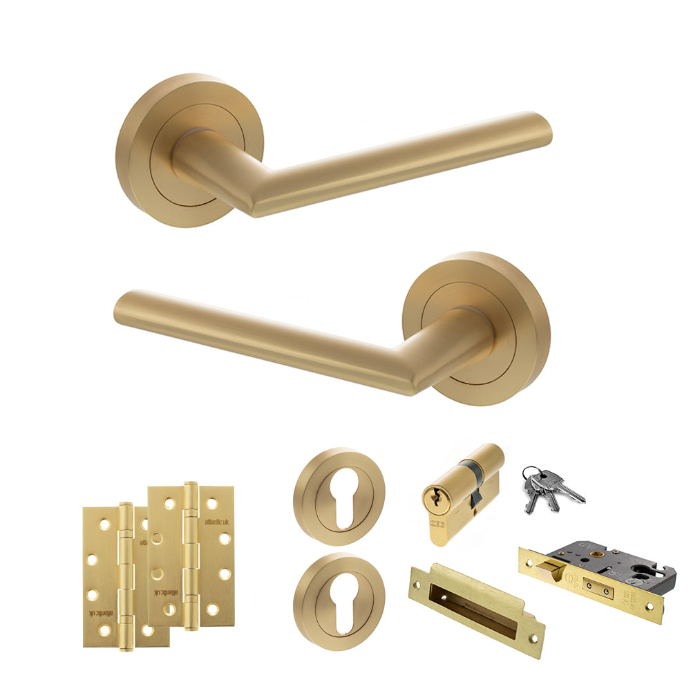 STATUS Alabama Door Handle Pack (Euro Lock Set - 3" CE Sashlock, 4" Slim Knuckle Hinges x2) - Satin Brass