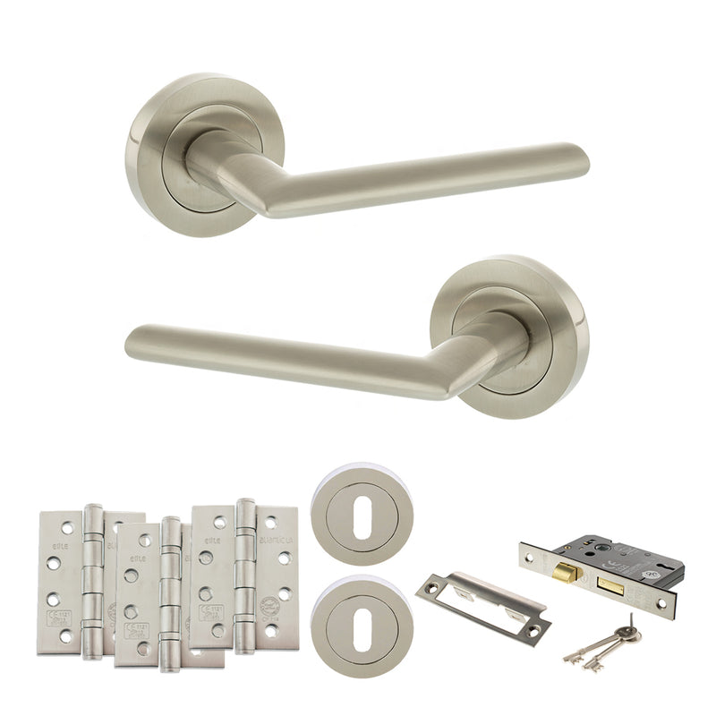 STATUS Alabama Door Handle Pack (3 Lever Lock Set - 2.5" CE Sashlock, 4" Fire Rated Hinges x3) - Satin Nickel