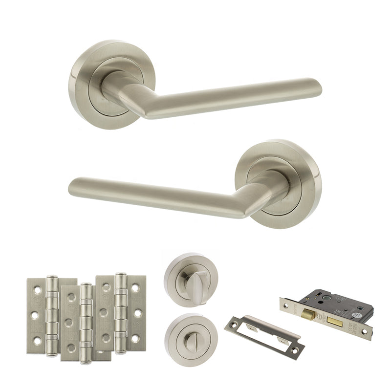 STATUS Alabama Door Handle Pack (Bathroom Set - 2.5" CE Bathroom Lock, 3" Premium Hinges x3) - Satin Nickel