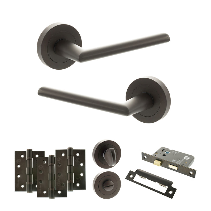 STATUS Alabama Door Handle Pack (Bathroom Set - 2.5" CE Bathroom Lock, 4" Fire Rated Hinges x3) - Urban Dark Bronze