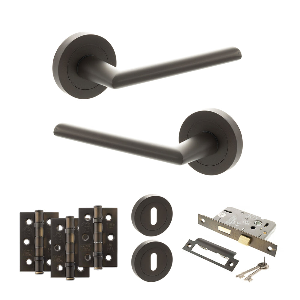 STATUS Alabama Door Handle Pack (3 Lever Lock Set - 2.5" CE Sashlock, 3" Premium Hinges x3) - Urban Dark Bronze