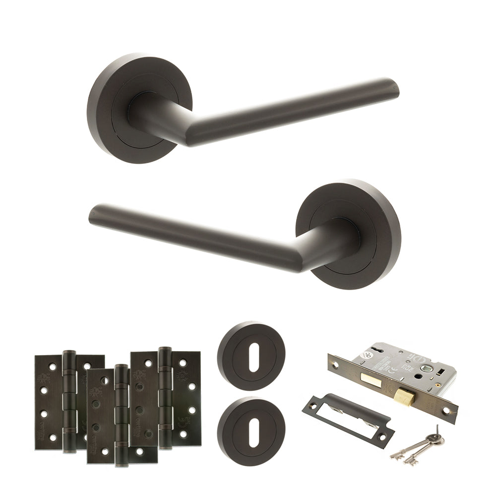 STATUS Alabama Door Handle Pack (3 Lever Lock Set - 3" CE Sashlock, 4" Fire Rated Hinges x3) - Urban Dark Bronze