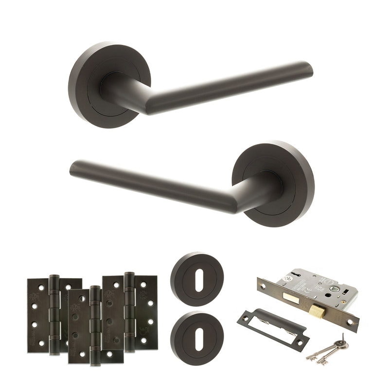 STATUS Alabama Door Handle Pack (3 Lever Lock Set - 3" CE Sashlock, 4" Fire Rated Hinges x3) - Urban Dark Bronze