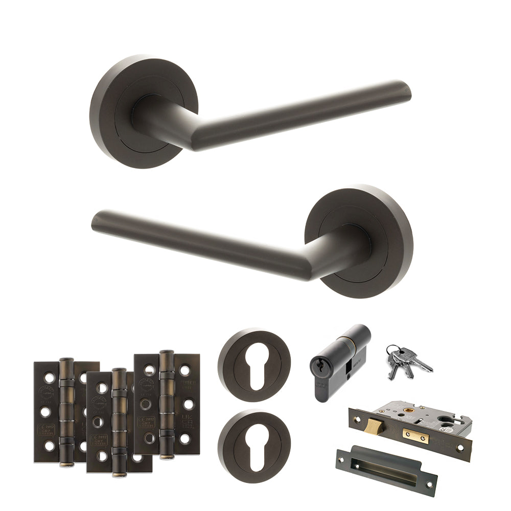 STATUS Alabama Door Handle Pack (Euro Lock Set - 2.5" CE Sashlock, 3" Premium Hinges x3) - Urban Dark Bronze