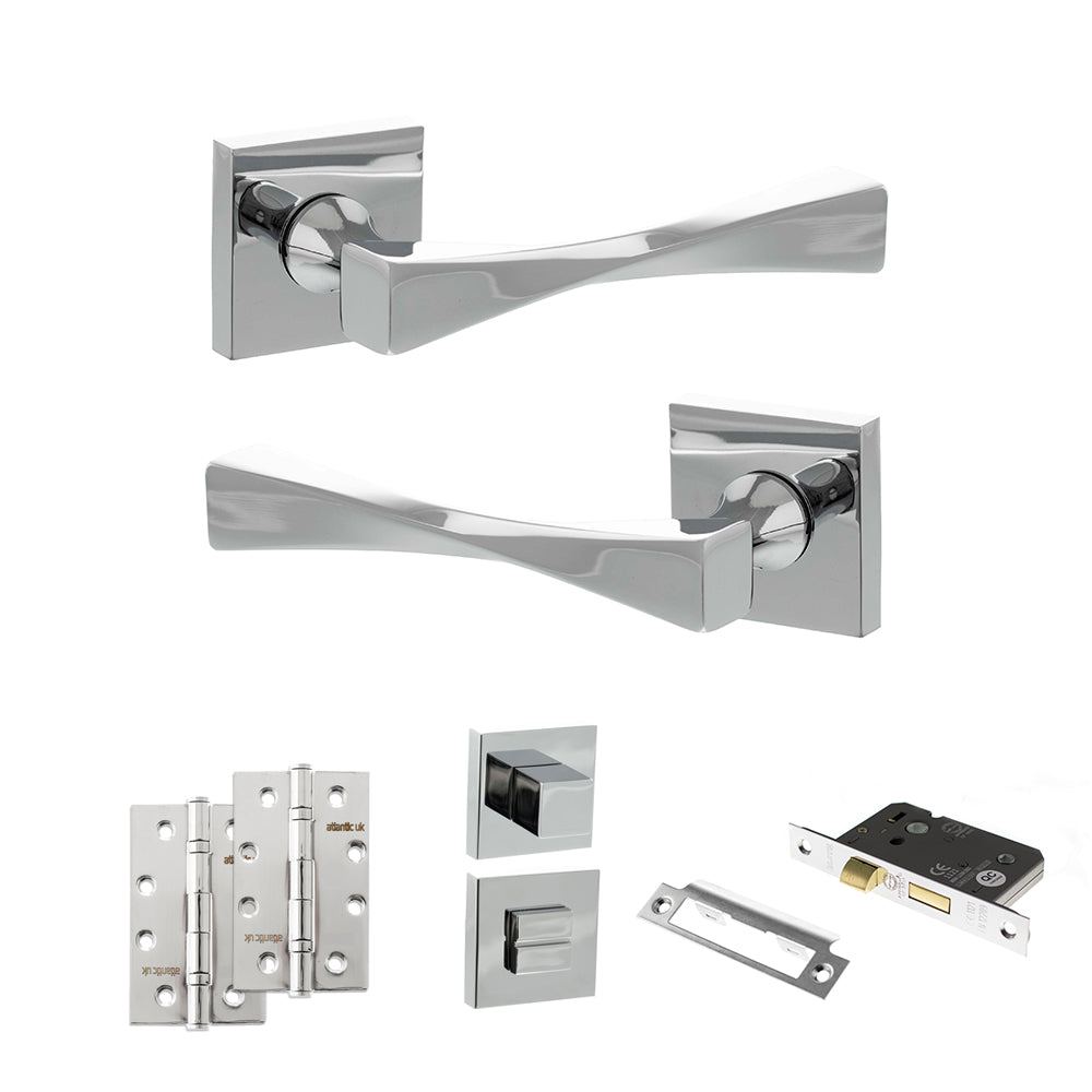 Senza Pari Guido Door Handle Pack (Bathroom Set - 3" CE Bathroom Lock, 4" Slim Knuckle Hinges x2) - Polished Chrome