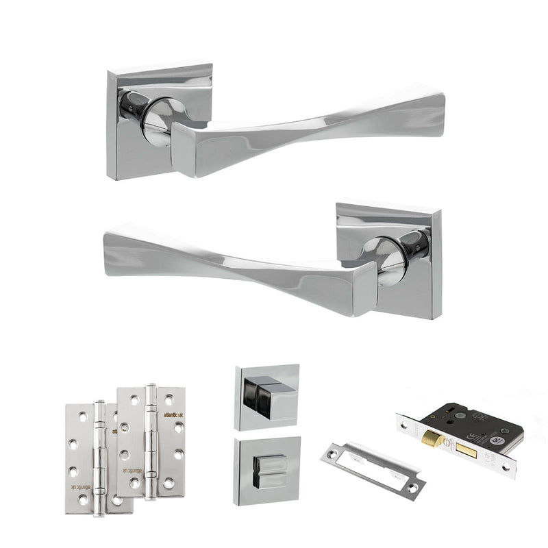 Senza Pari Guido Door Handle Pack (Bathroom Set - 3" CE Bathroom Lock, 4" Slim Knuckle Hinges x2) - Polished Chrome