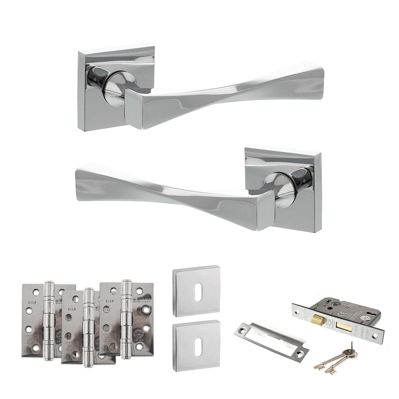 Senza Pari Guido Door Handle Pack (3 Lever Lock Set - 3" CE Sashlock, 4" Fire Rated Hinges x3) - Polished Chrome