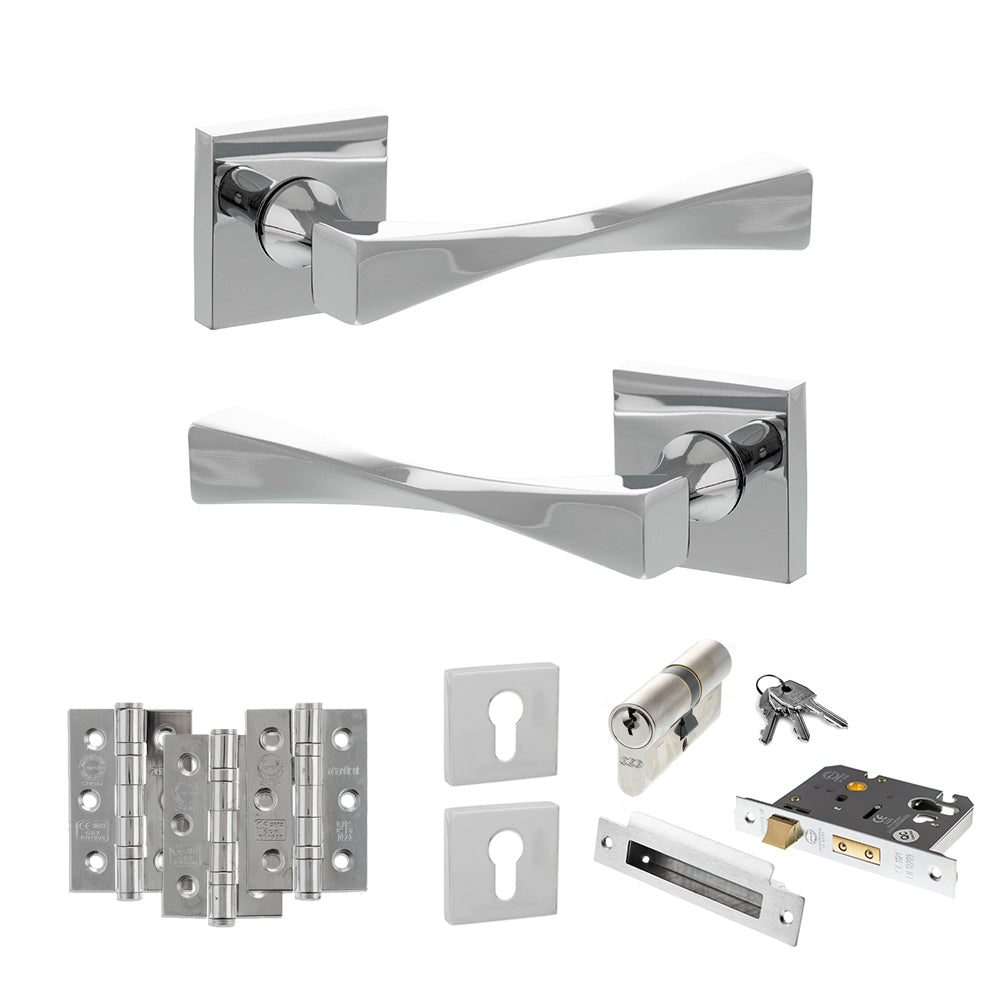 Senza Pari Guido Door Handle Pack (Euro Lock Set - 2.5" CE Sashlock, 3" Premium Hinges x3) - Polished Chrome