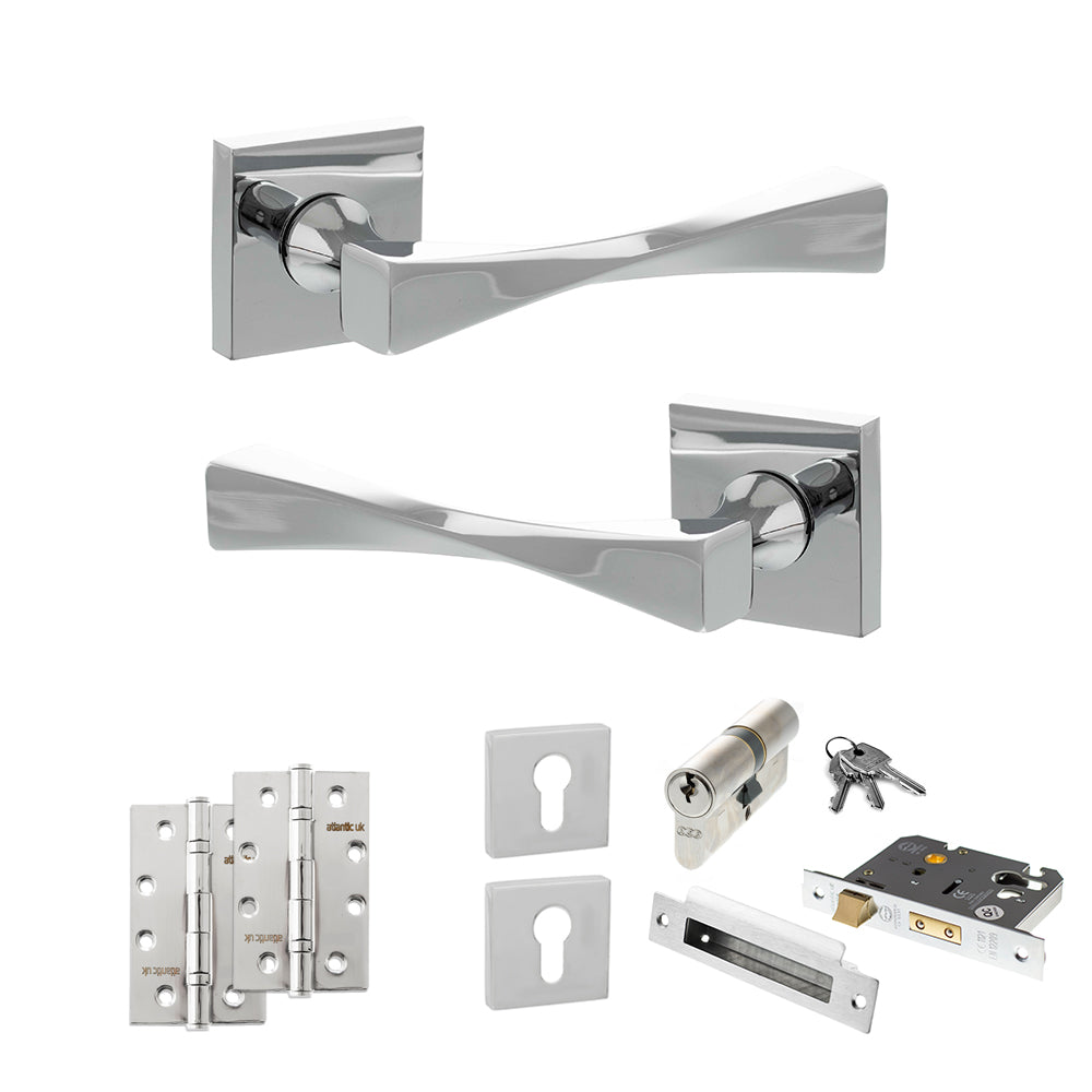 Senza Pari Guido Door Handle Pack (Euro Lock Set - 3" CE Sashlock, 4" Slim Knuckle Hinges x2) - Polished Chrome