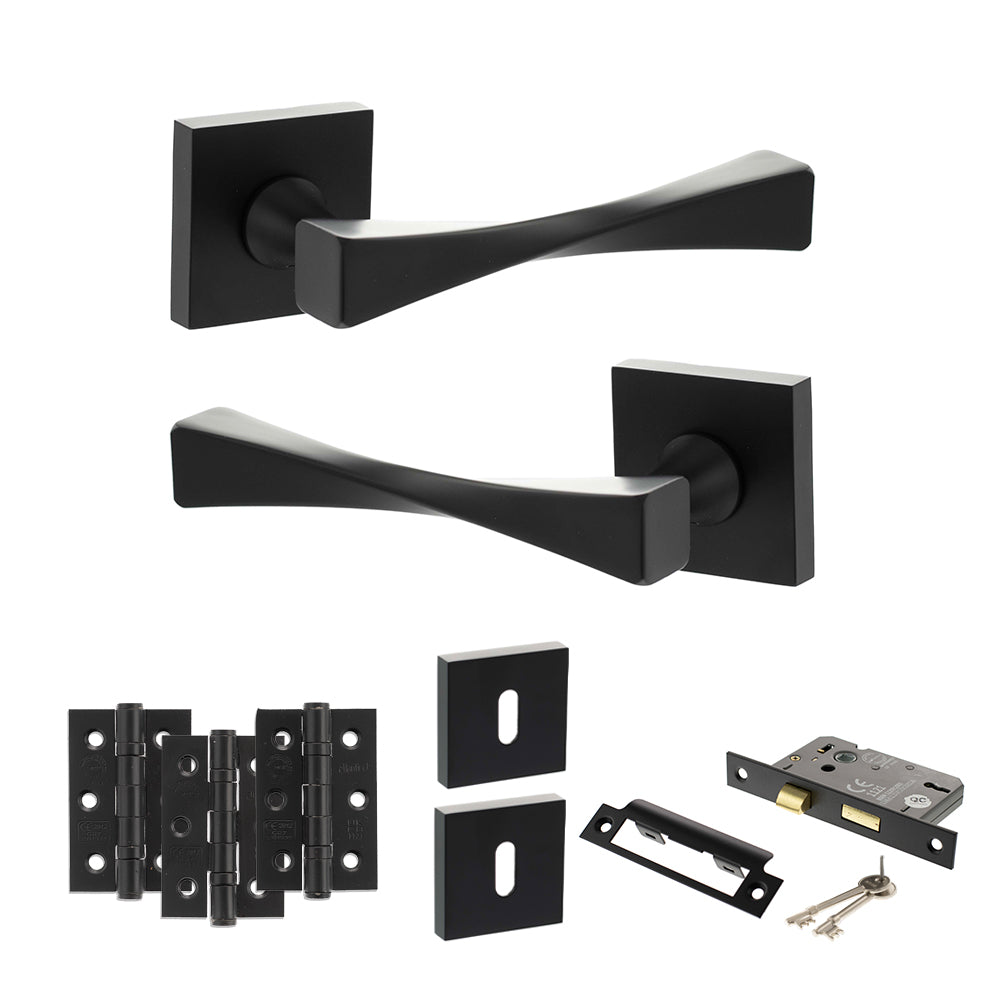 Senza Pari Guido Door Handle Pack (3 Lever Lock Set - 2.5" CE Sashlock, 3" Premium Hinges x3) - Matt Black