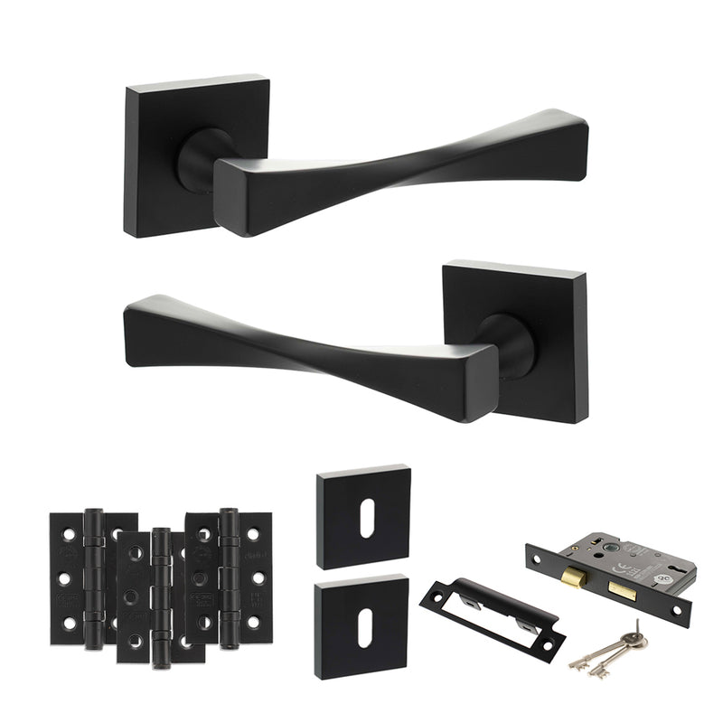Senza Pari Guido Door Handle Pack (3 Lever Lock Set - 2.5" CE Sashlock, 3" Premium Hinges x3) - Matt Black