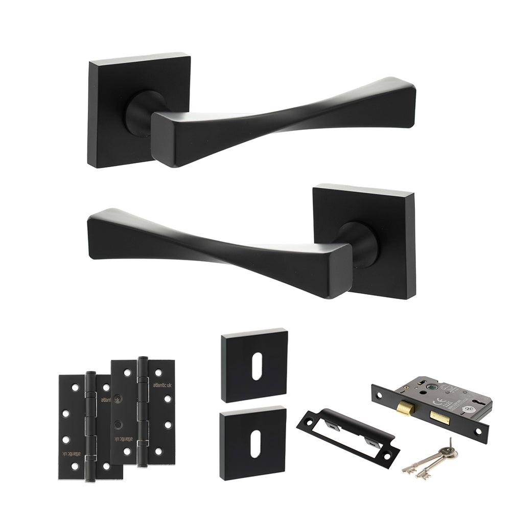 Senza Pari Guido Door Handle Pack (3 Lever Lock Set - 3" CE Sashlock, 4" Slim Knuckle Hinges x2) - Matt Black