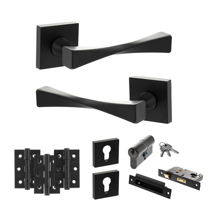 Senza Pari Guido Door Handle Pack (Euro Lock Set - 2.5" CE Sashlock, 3" Premium Hinges x3) - Matt Black