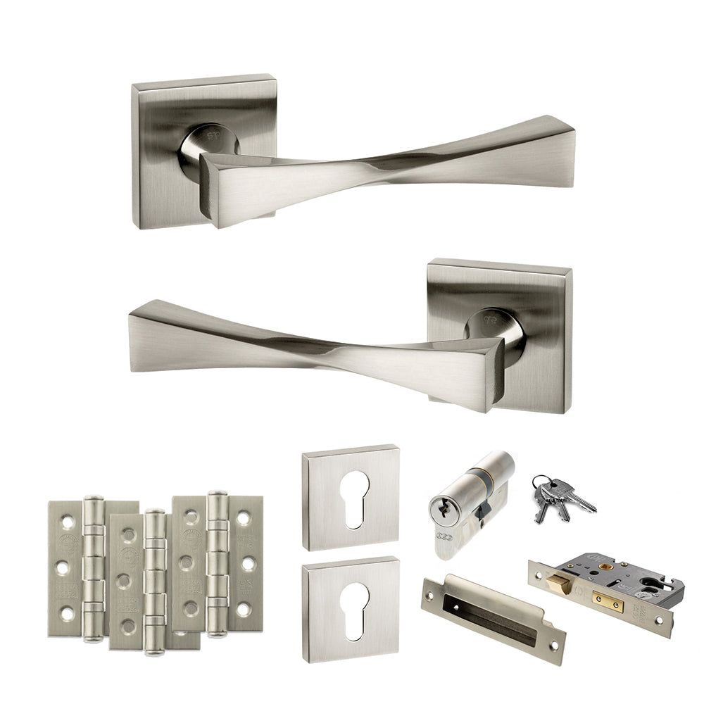 Senza Pari Guido Door Handle Pack (Euro Lock Set - 2.5" CE Sashlock, 3" Premium Hinges x3) - Satin Nickel