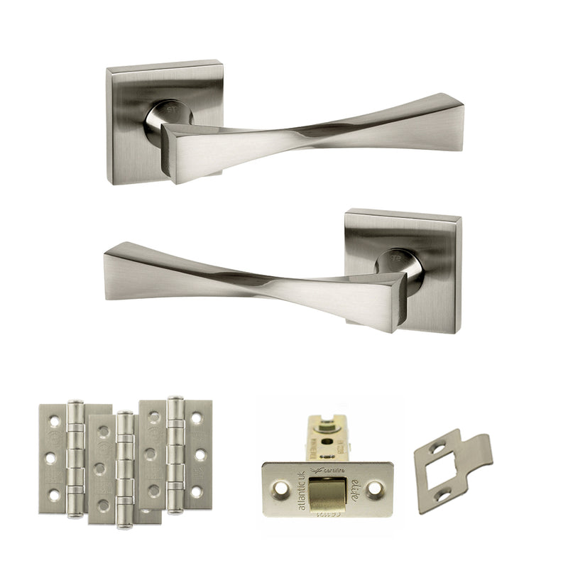 Senza Pari Guido Door Handle Pack (Latch Set - 3" CE Latch, 3" Premium Hinges x3) - Satin Nickel