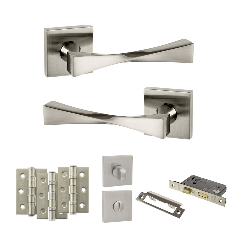 Senza Pari Guido Door Handle Pack (Bathroom Set - 2.5" CE Bathroom Lock, 3" Premium Hinges x3) - Satin Nickel