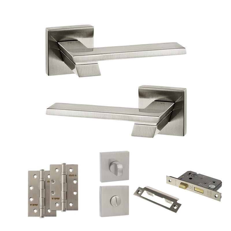 Senza Pari Giovanni Door Handle Pack (Bathroom Set - 2.5" CE Bathroom Lock, 4" Slim Knuckle Hinges x2) - Satin Nickel