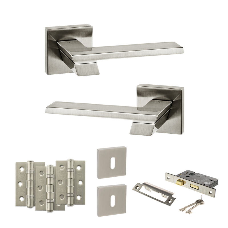 Senza Pari Giovanni Door Handle Pack (3 Lever Lock Set - 3" CE Sashlock, 3" Premium Hinges x3) - Satin Nickel