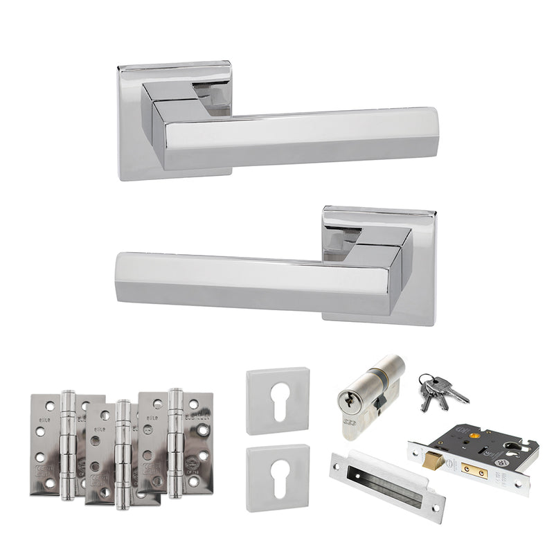 Senza Pari Davoli Door Handle Pack (Euro Lock Set - 3" CE Sashlock, 4" Fire Rated Hinges x3) - Polished Chrome