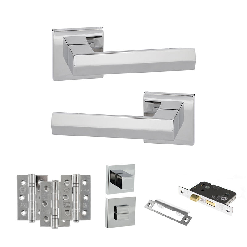 Senza Pari Davoli Door Handle Pack (Bathroom Set - 2.5" CE Bathroom Lock, 3" Fire Rated Hinges x3) - Polished Chrome