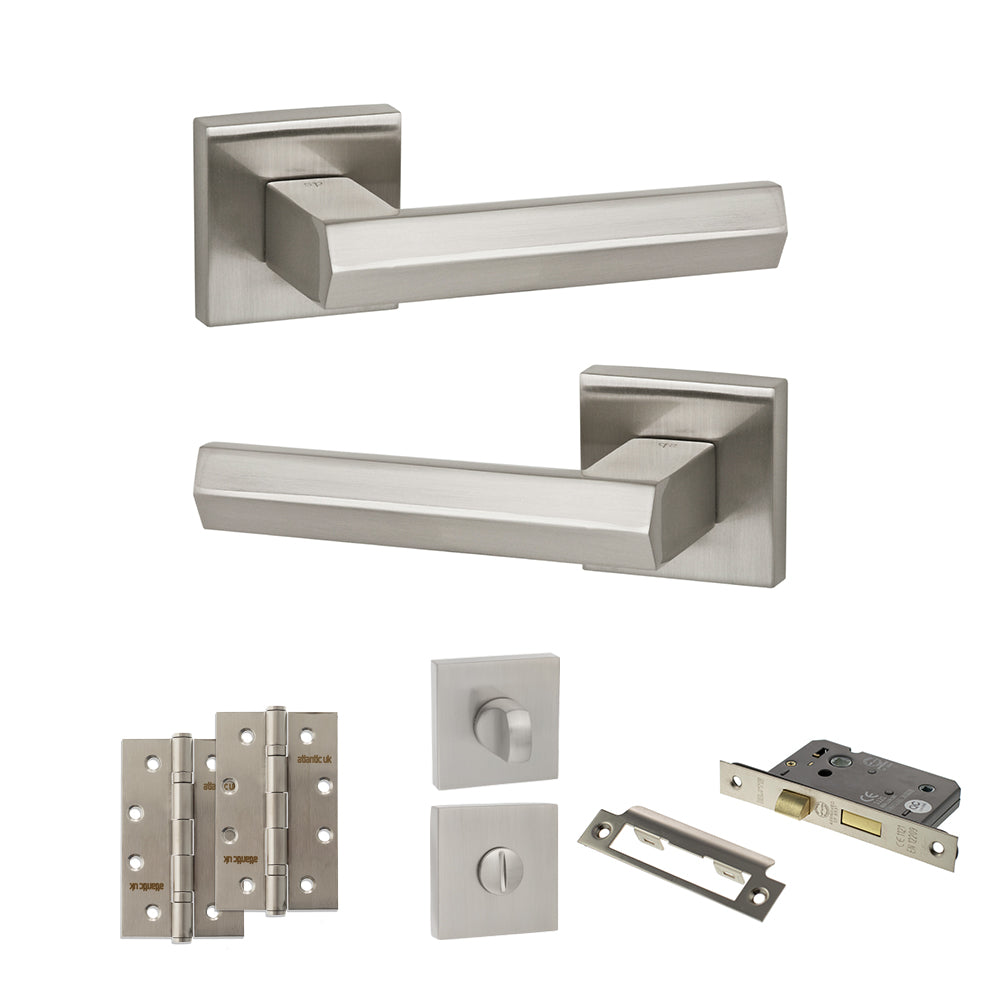 Senza Pari Davoli Door Handle Pack (Bathroom Set - 2.5" CE Bathroom Lock, 4" Slim Knuckle Hinges x2) - Satin Nickel