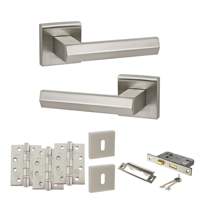 Senza Pari Davoli Door Handle Pack (3 Lever Lock Set - 2.5" CE Sashlock, 4" Fire Rated Hinges x3) - Satin Nickel