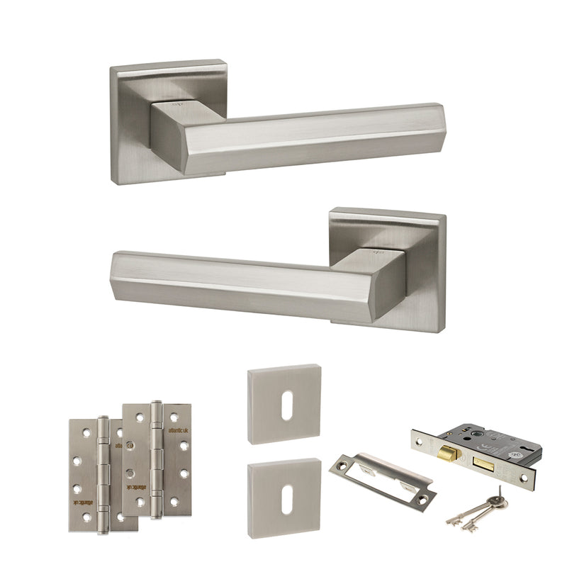 Senza Pari Davoli Door Handle Pack (3 Lever Lock Set - 2.5" CE Sashlock, 4" Slim Knuckle Hinges x2) - Satin Nickel