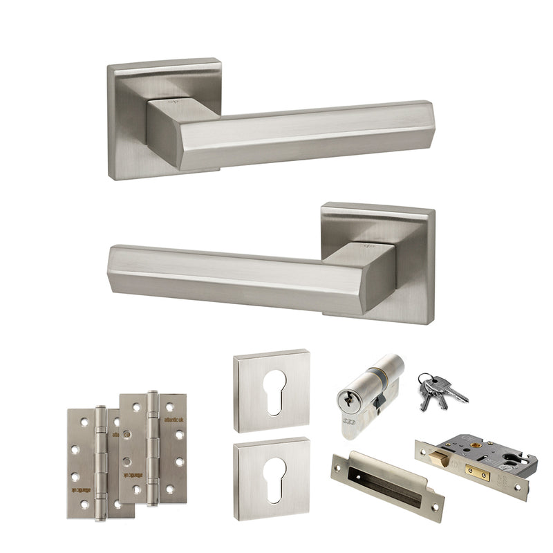 Senza Pari Davoli Door Handle Pack (Euro Lock Set - 2.5" CE Sashlock, 4" Slim Knuckle Hinges x2) - Satin Nickel