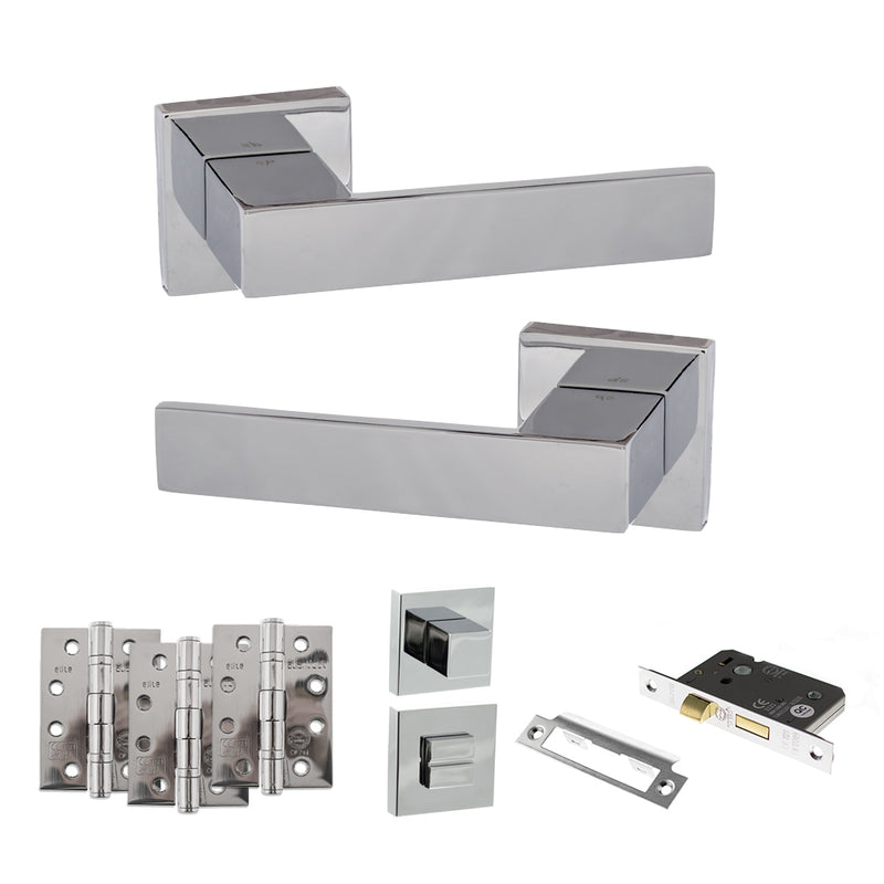 Senza Pari Panetti Door Handle Pack (Bathroom Set - 2.5" CE Bathroom Lock, 4" Fire Rated Hinges x3) - Polished Chrome