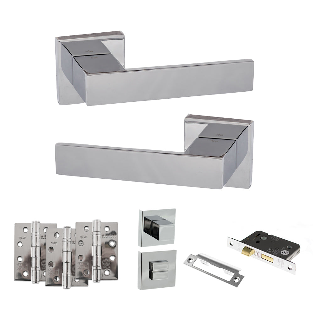 Senza Pari Panetti Door Handle Pack (Bathroom Set - 3" CE Bathroom Lock, 4" Fire Rated Hinges x3) - Polished Chrome