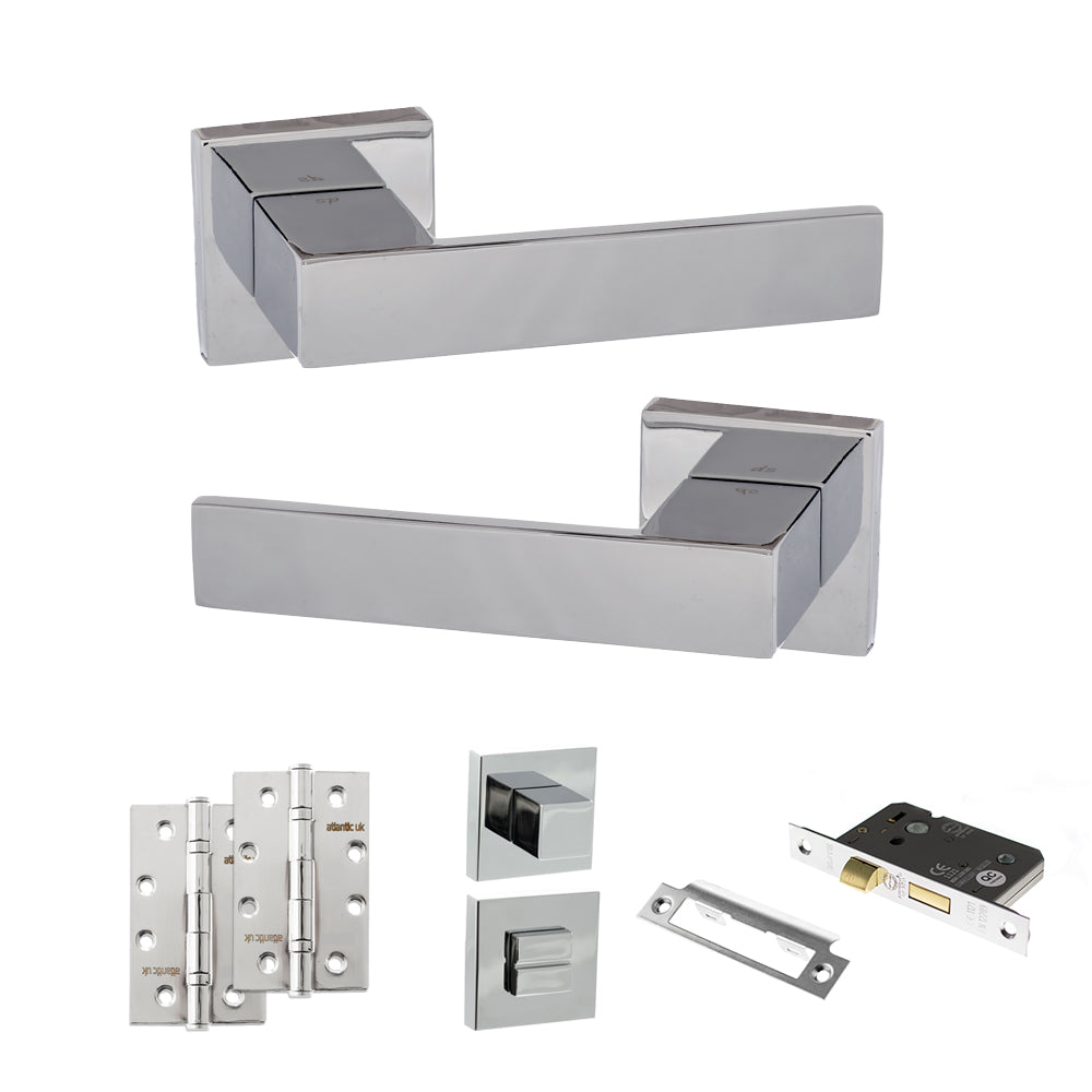 Senza Pari Panetti Door Handle Pack (Bathroom Set - 2.5" CE Bathroom Lock, 4" Slim Knuckle Hinges x2) - Polished Chrome