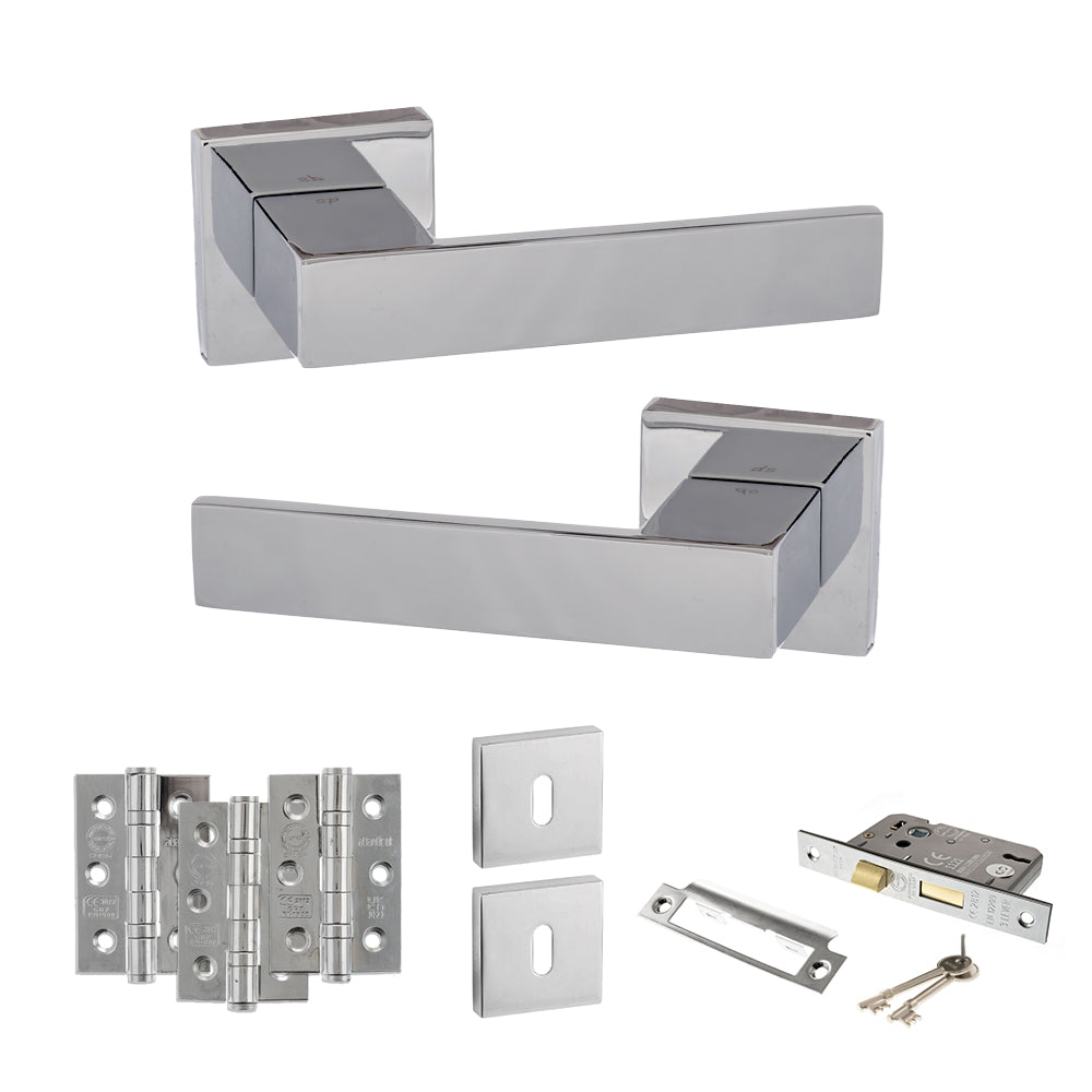 Senza Pari Panetti Door Handle Pack (3 Lever Lock Set - 2.5" CE Sashlock, 3" Premium Hinges x3) - Polished Chrome