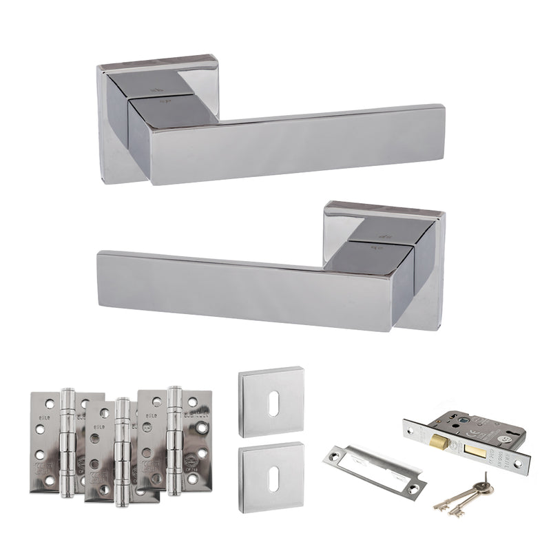 Senza Pari Panetti Door Handle Pack (3 Lever Lock Set - 2.5" CE Sashlock, 4" Fire Rated Hinges x3) - Polished Chrome