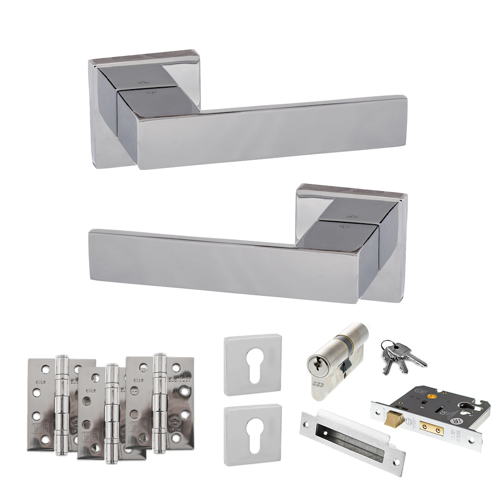 Senza Pari Panetti Door Handle Pack (Euro Lock Set - 2.5" CE Sashlock, 4" Fire Rated Hinges x3) - Polished Chrome