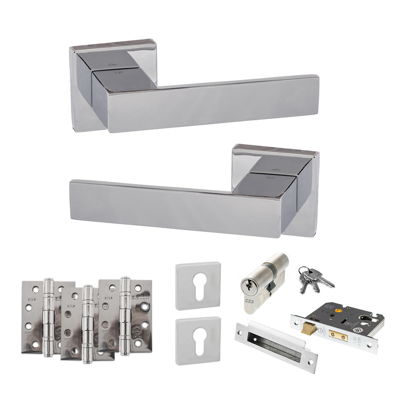Senza Pari Panetti Door Handle Pack (Euro Lock Set - 3" CE Sashlock, 4" Fire Rated Hinges x3) - Polished Chrome