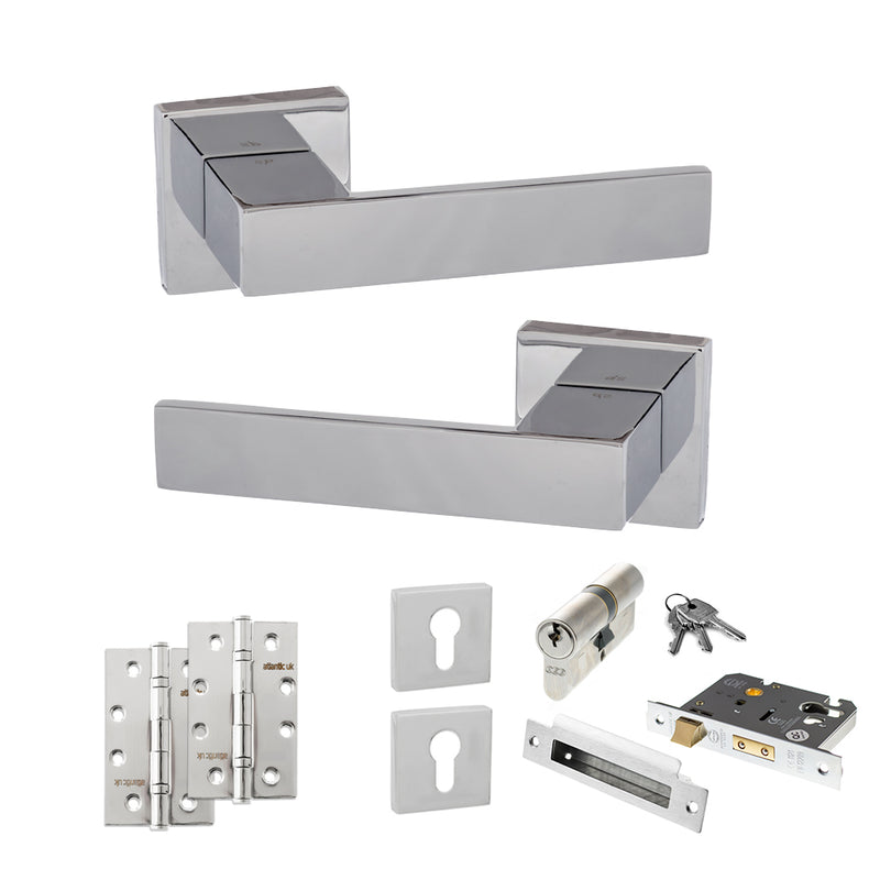 Senza Pari Panetti Door Handle Pack (Euro Lock Set - 2.5" CE Sashlock, 4" Slim Knuckle Hinges x2) - Polished Chrome