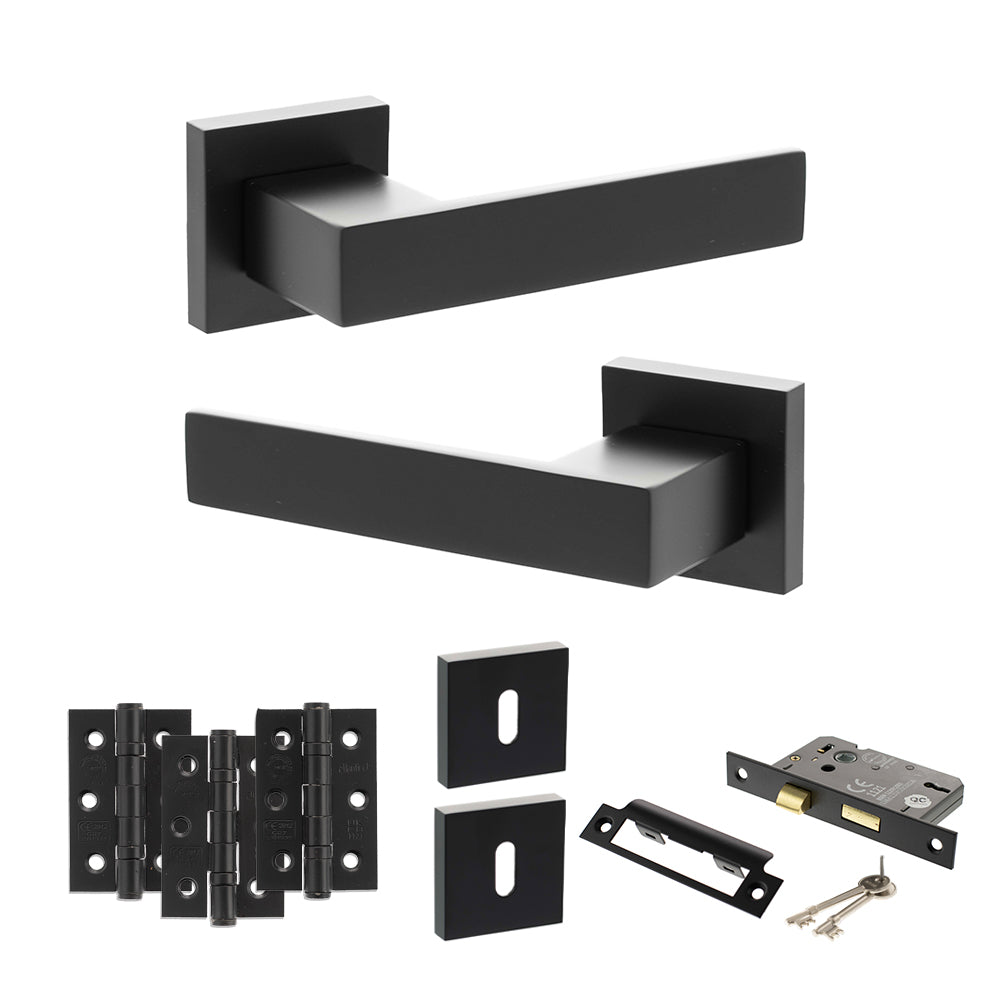Senza Pari Panetti Door Handle Pack (3 Lever Lock Set - 3" CE Sashlock, 3" Premium Hinges x3) - Matt Black