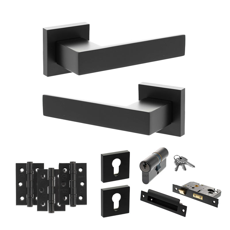 Senza Pari Panetti Door Handle Pack (Euro Lock Set - 2.5" CE Sashlock, 3" Premium Hinges x3) - Matt Black