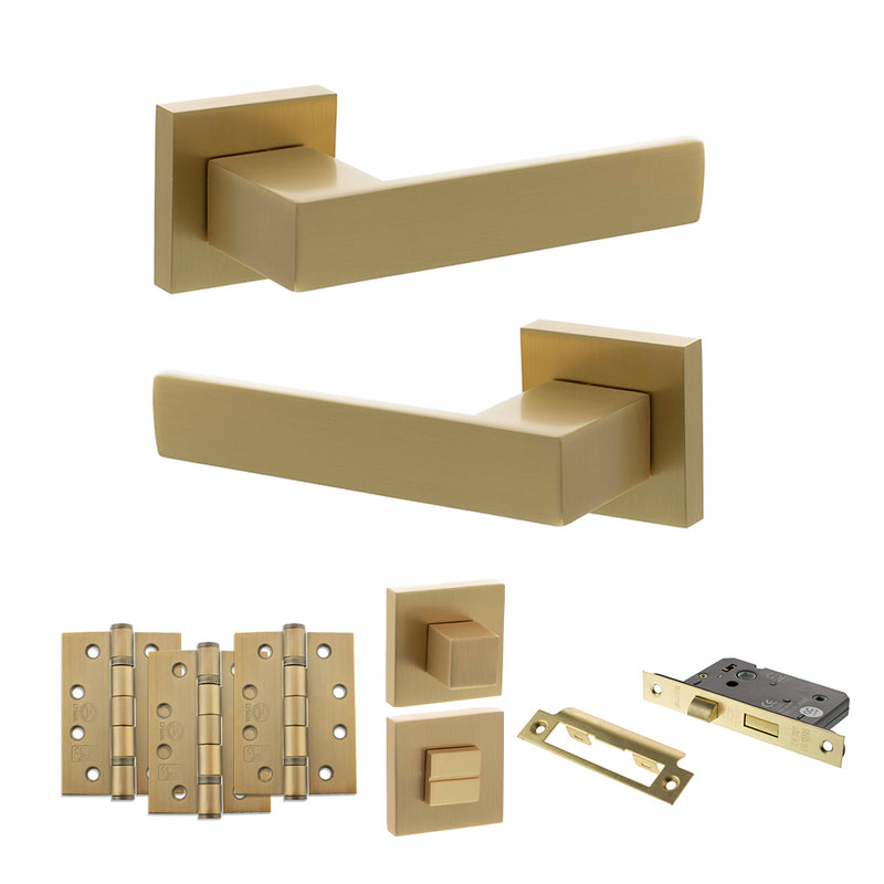 Senza Pari Panetti Door Handle Pack (Bathroom Set - 2.5" CE Bathroom Lock, 4" Fire Rated Hinges x3) - Satin Brass