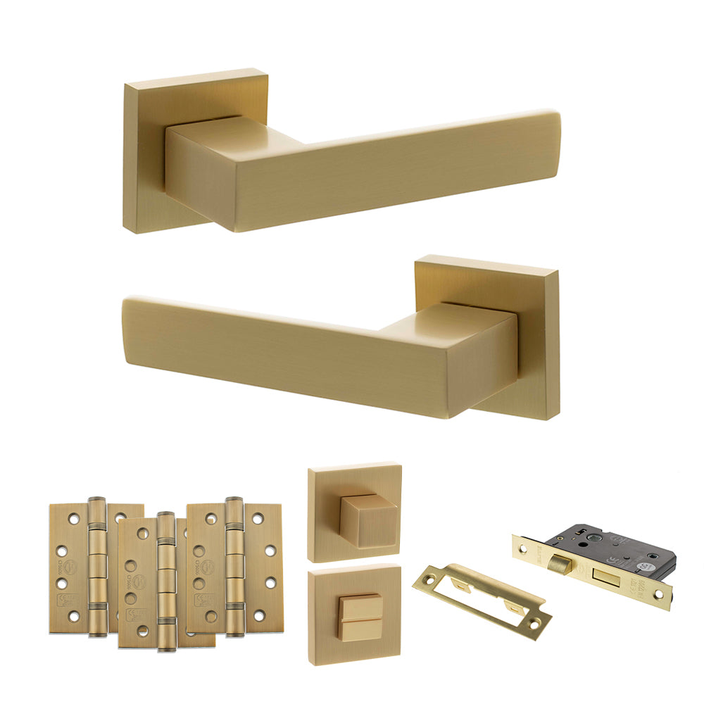 Senza Pari Panetti Door Handle Pack (Bathroom Set - 3" CE Bathroom Lock, 4" Fire Rated Hinges x3) - Satin Brass