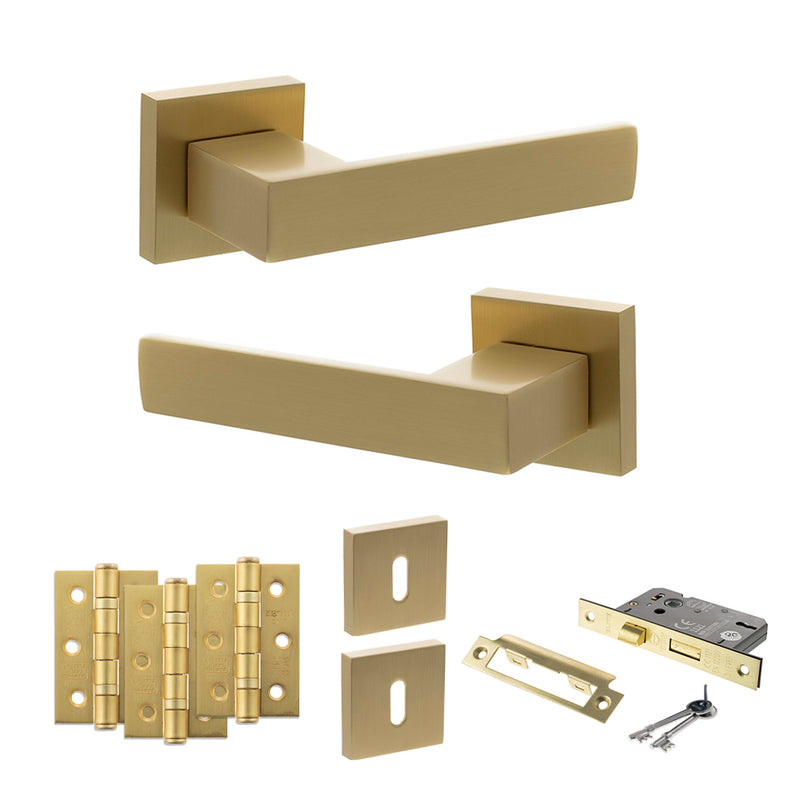 Senza Pari Panetti Door Handle Pack (3 Lever Lock Set - 2.5" CE Sashlock, 3" Premium Hinges x3) - Satin Brass
