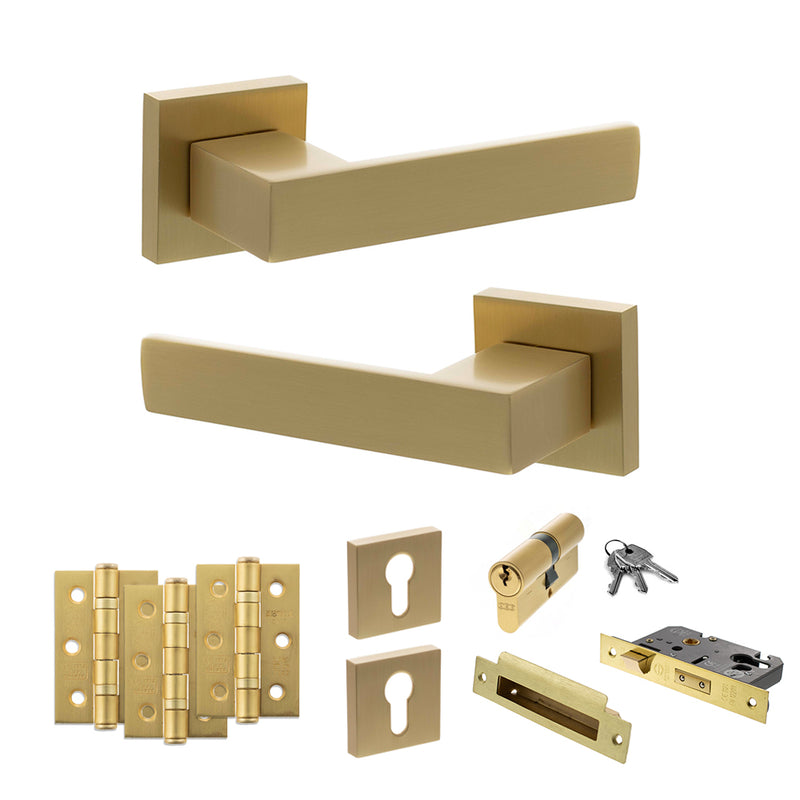 Senza Pari Panetti Door Handle Pack (Euro Lock Set - 2.5" CE Sashlock, 3" Premium Hinges x3) - Satin Brass